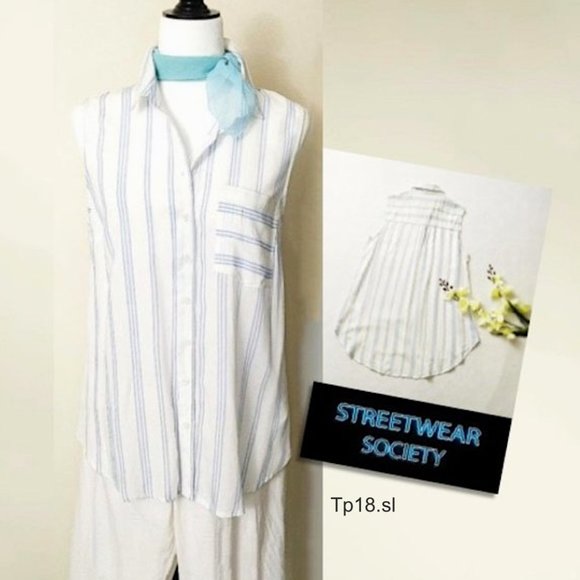 STREETWEAR SOCIETY Rayon Blouse Top White Blue Striped Sleeveless Button Front - Picture 1 of 11